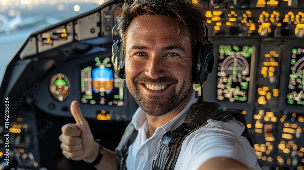 Poster a man in a pilot's uniform is smiling and giving a thumbs up