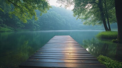 Wooden pathway in lush green park surrounded by trees