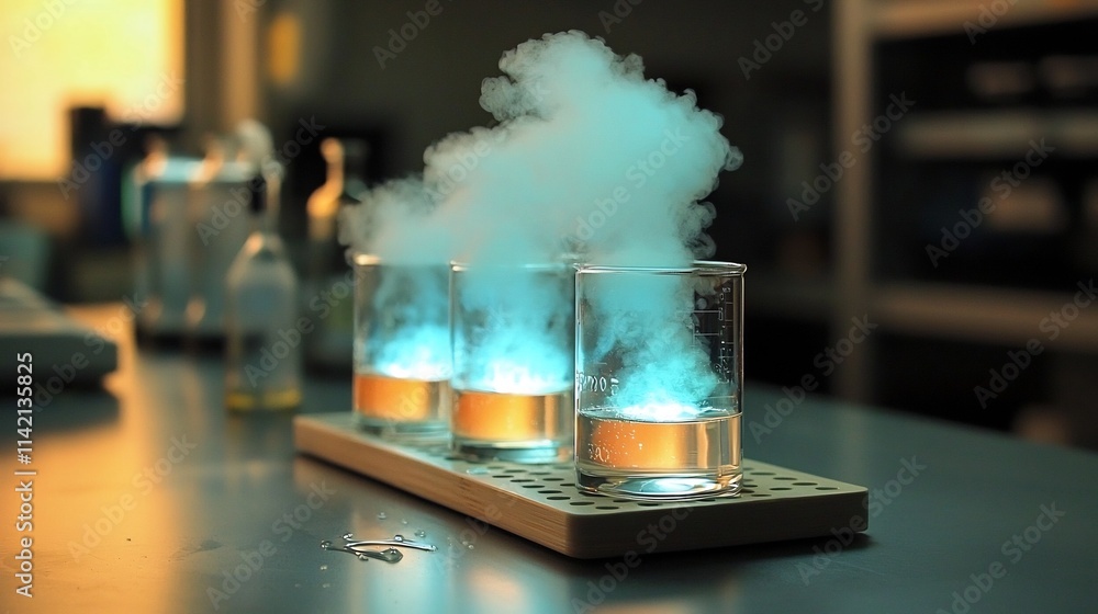 Poster a photograph showcasing the carefully mixed glowing liquids within beakers creating a captivating di