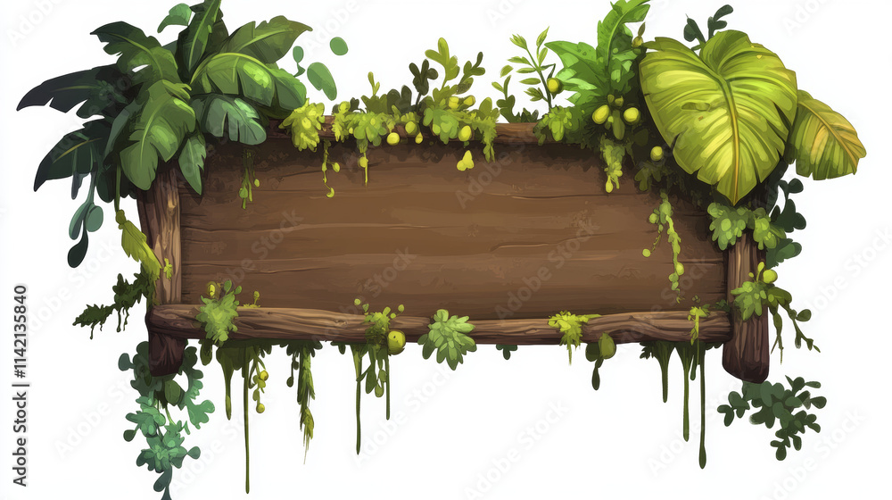 Poster jungle wooden sign board ui design. cartoon game plant frame icon set isolated for text banner templ
