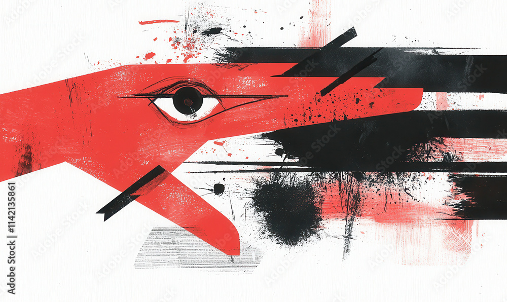 Poster dynamic abstract art composition featuring vibrant red and bold black elements with eye symbol in mo