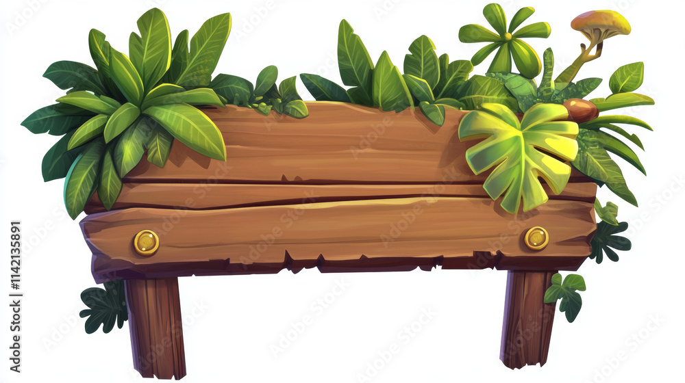 Poster jungle wooden sign board ui design. cartoon game plant frame icon set isolated for text banner templ