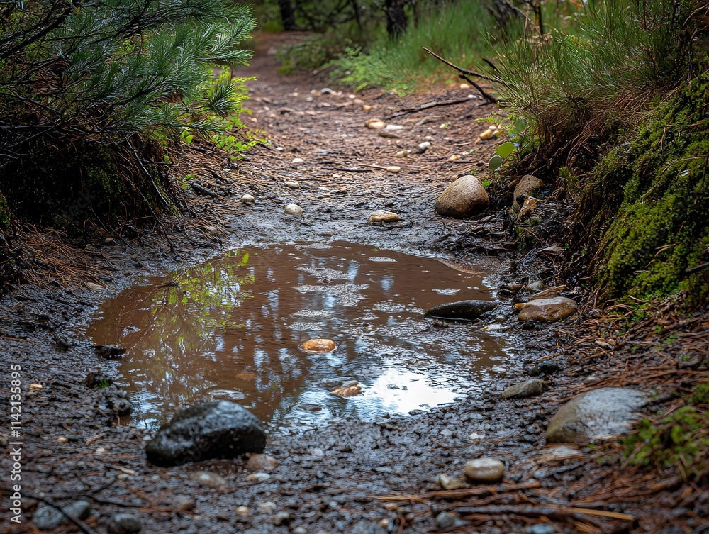 Poster a muddy trail with a puddle reflecting trees in a forest setting.
