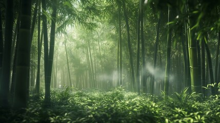 Obraz premium A serene bamboo forest bathed in soft sunlight, with tall green bamboo stalks creating a tranquil and refreshing natural space.