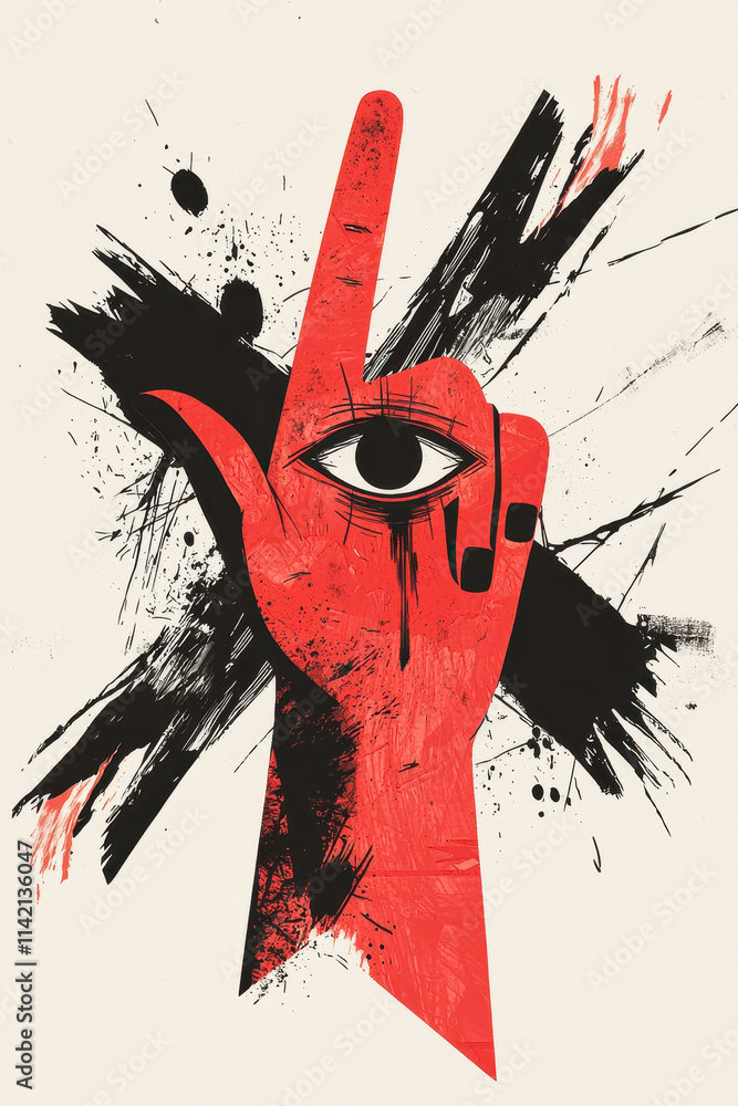 Poster surreal illustration with symbolic red hand and eye: mysterious abstract art exploring expression an