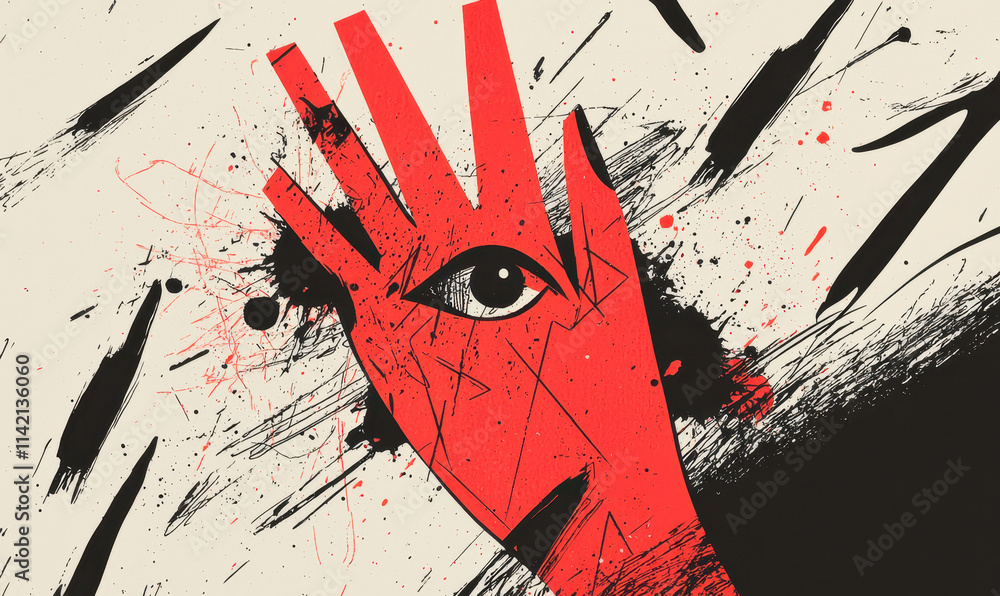 Poster exploring emotions through eye in hand: dynamic abstract expressionist art with bold red and black c