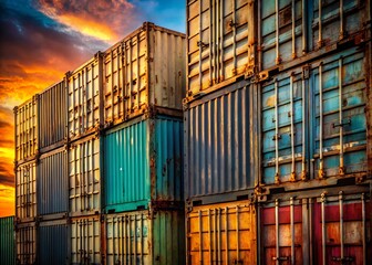Fototapeta premium Dusk Cargo Containers - Close-Up Steel Textures & Shadows
