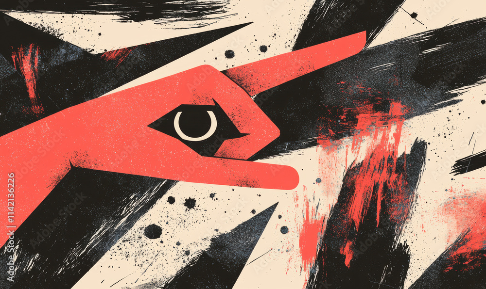 Poster dynamic abstract illustration featuring bold red shapes and energetic black brush strokes creating a