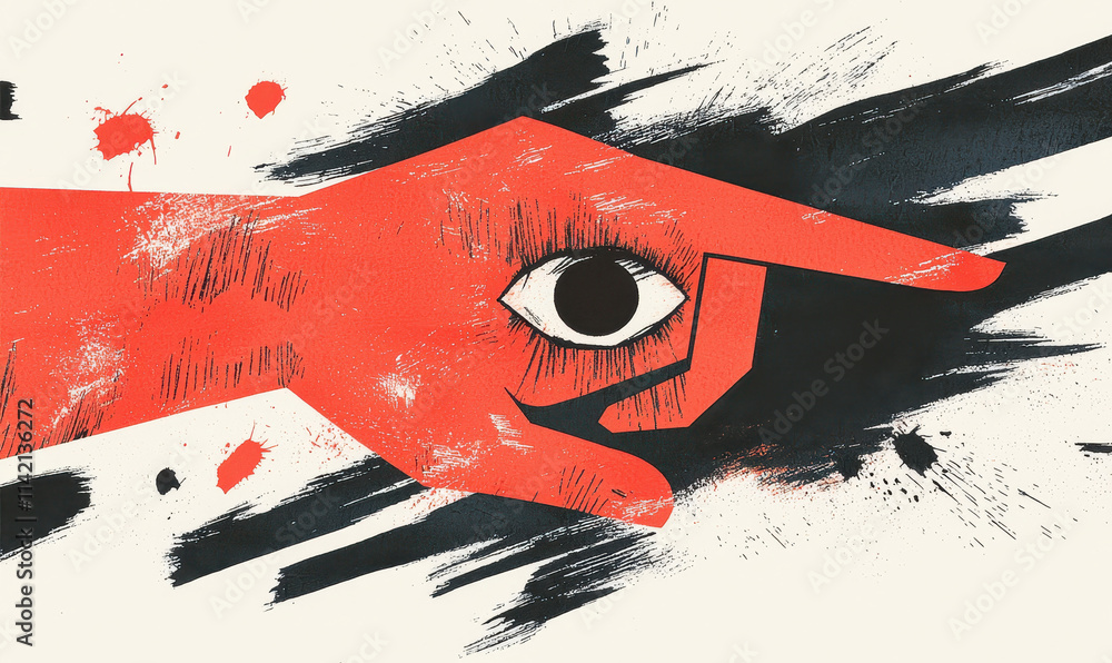 Poster surreal abstract art with red hand and eye: exploring vision and expression through bold brushstroke