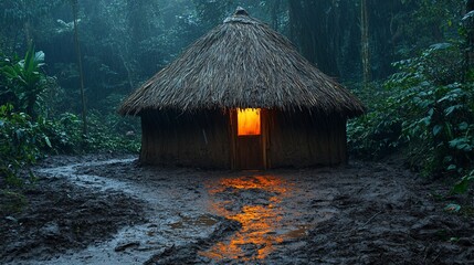 Illuminated hut in a lush, muddy forest at dusk.