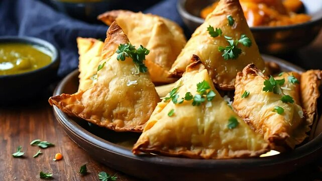 Hot crispy samosas served on a traditional wooden table with a side of chutney, showcasing Indian and Pakistani culinary traditions, perfect for food lovers and cultural enthusiasts. 4k video footage