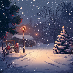 winter landscape with christmas tree and snow