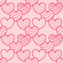 Seamless pattern of hand drawn pink hearts. Festive romantic background for valentine's day, birthday. Vector illustration.