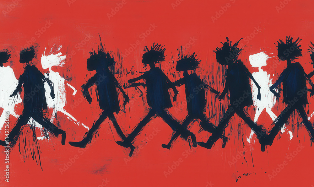 Poster dynamic silhouettes in motion: a vivid abstract exploration of human expression against a bold red c