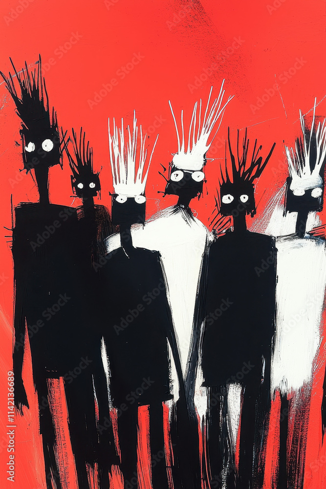 Poster abstract expression of surreal figures in bold red and black contrasts exploring the depths of cultu