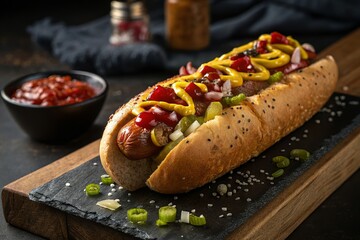 hot dog with mustard and ketchup