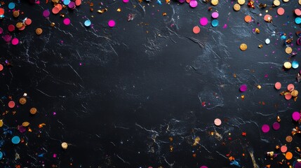 Elegant black slate board on a dark background with colorful confetti scattered around, offering ample space for text placement, perfect for business announcements, event invitations, or holiday celeb
