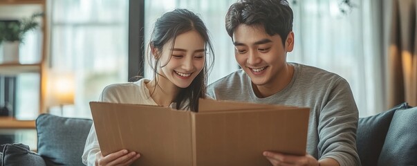 Asian couple checking the list of stuff before packing to cardboard for relocation move out of apartment, Generative AI