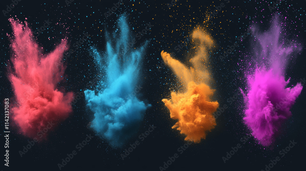Poster explosions of color powder, paint dust with particles. vector realistic set of colorful ink splashes