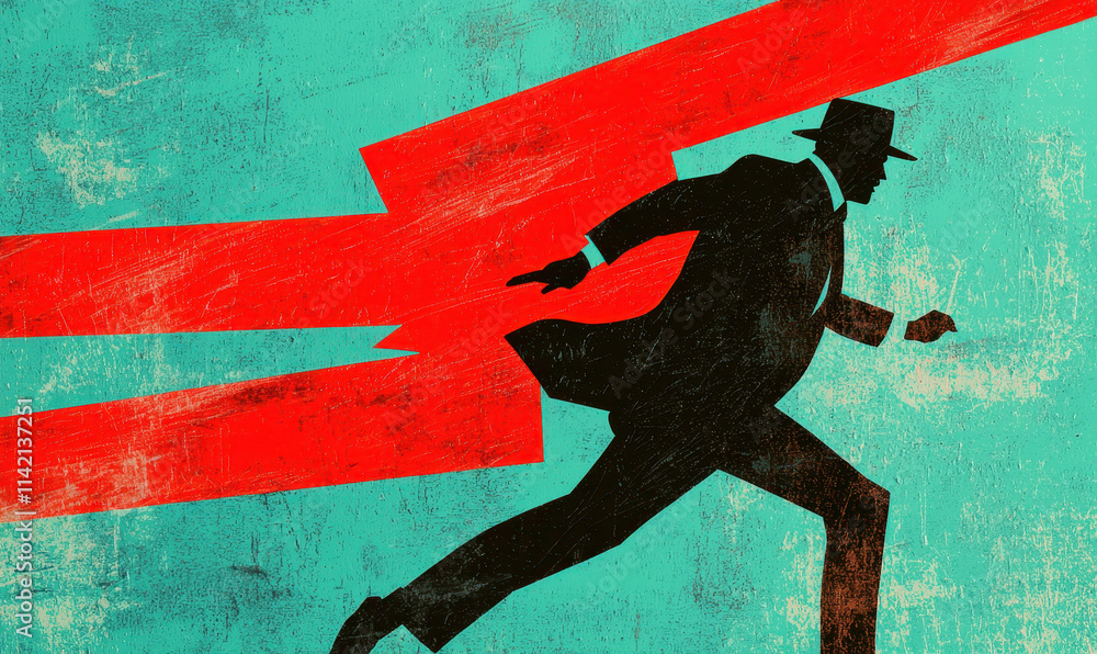 Poster dynamic silhouette of a running man in expressive abstract art with bold colors and texture