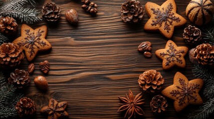 Fototapeta premium christmas gingerbread cookies on wooden table top view with copy space