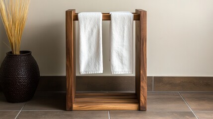 Wooden towel rack with white towels in bathroom.