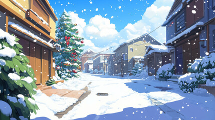 christmas tree in the city Xmas winter street house