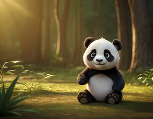 closeup shot of beautiful 3d panda cartoon character blurry background in the forest nature concept wildlife  
