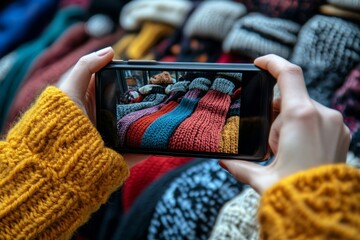 Close up person taking photo of used clothes prepare to sell in second hand online market, Generative AI