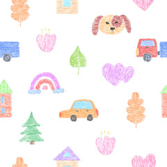 Seamless pattern of childlike drawing with car, house and flower