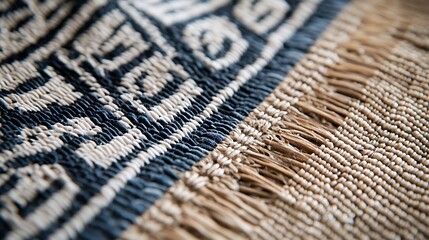 Close-up of textured fabric with intricate pattern and fringe.