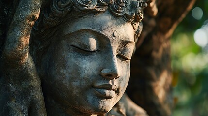 Serene Stone Buddha Statue Embraced by Tree Roots