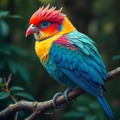 Fototapeta premium A bird with a green and red face and a red eye.
