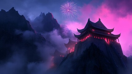 Holiday firework over asian temple. Chinese New Year celebration. Chinatown city panorama at night...