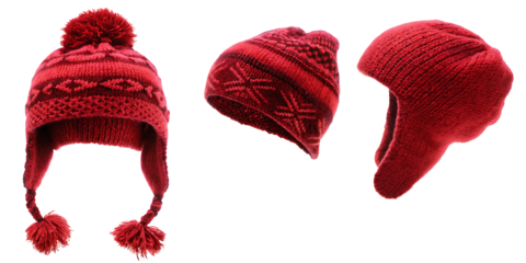 Set of red winter hats isolated on a white background PNG.AI GENERATED