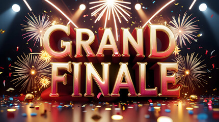 Grand Finale text on stage with fireworks and confetti.