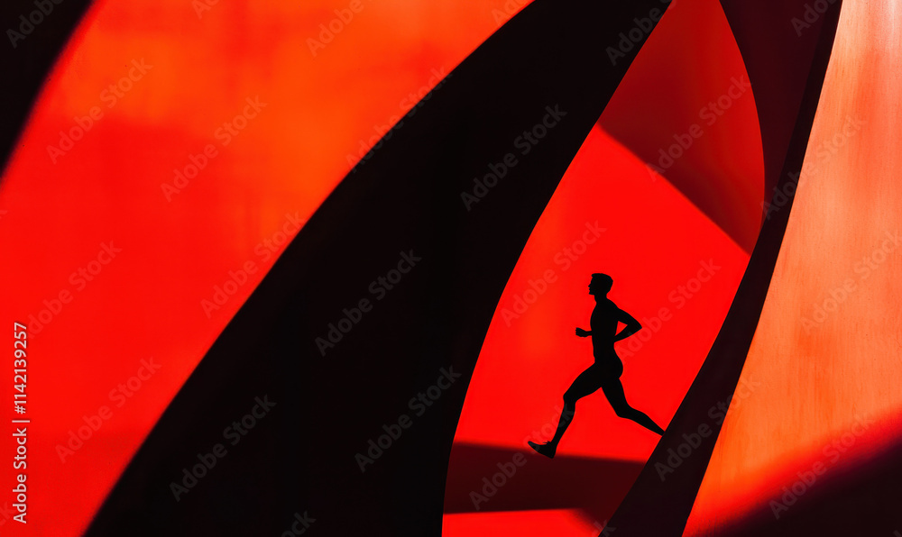 Poster silhouette of a dynamic runner in motion against a bold red abstract background capturing energy and