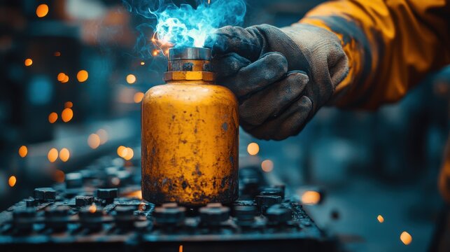 close up of a welding man s hand controlling the gas cylinder s valv