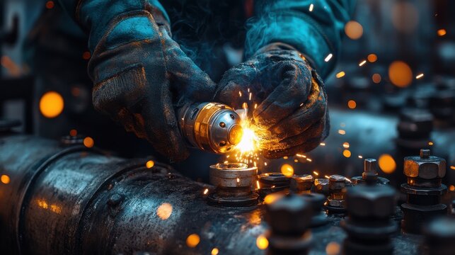 close up of a welding man s hand controlling the gas cylinder s valv