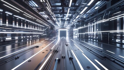 Naklejka premium A futuristic digital world filled with reflective nerve impulses, electrical currents, and holographic patterns representing advanced network technology.