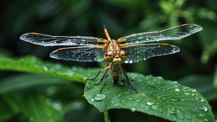 A brown dragonfly with intricate wing patterns rests on a green leaf