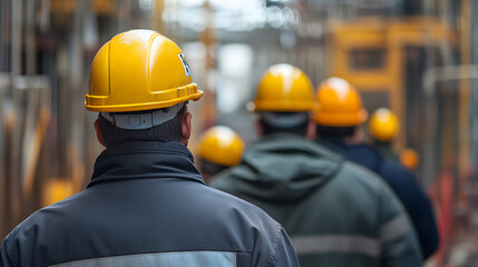 Construction workers in hard hats walking at site, showcasing teamwork