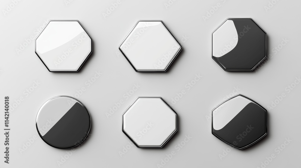 Poster white blank pin badge mockup for promotion and advertising. glossy brooch tag with of different shap