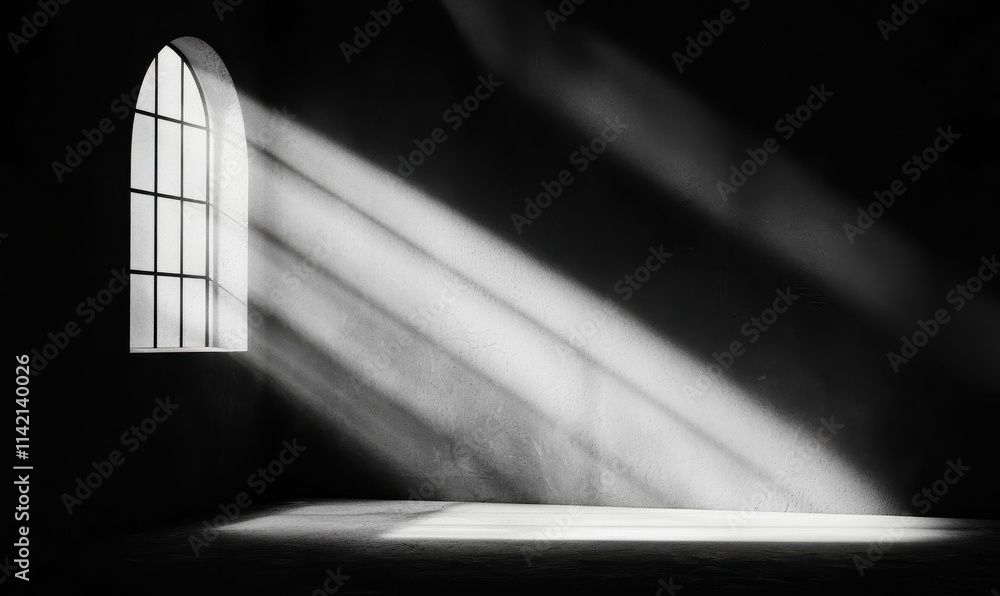 Poster serene illumination: a minimalist expression of light and shadow through an arched window in a quiet