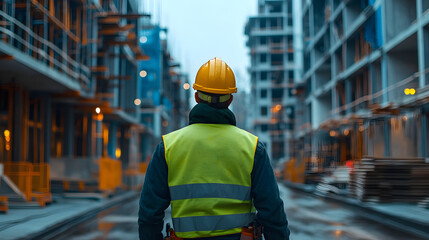 construction worker in yellow helmet and green vest stands at site