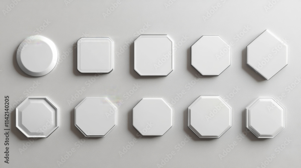Poster white blank pin badge mockup for promotion and advertising. glossy brooch tag with of different shap