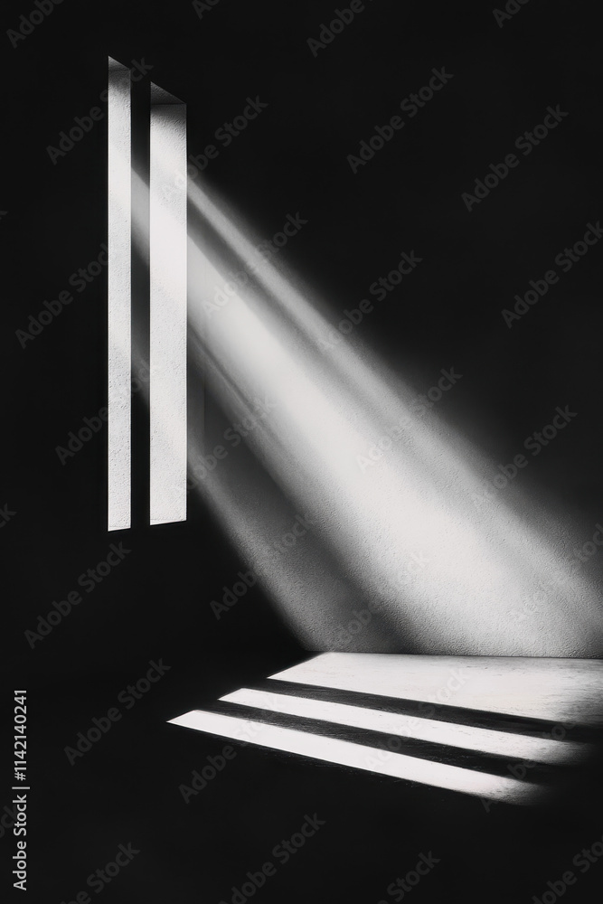 Poster exploring the interplay of light and shadow through geometric windows in minimalist architectural de