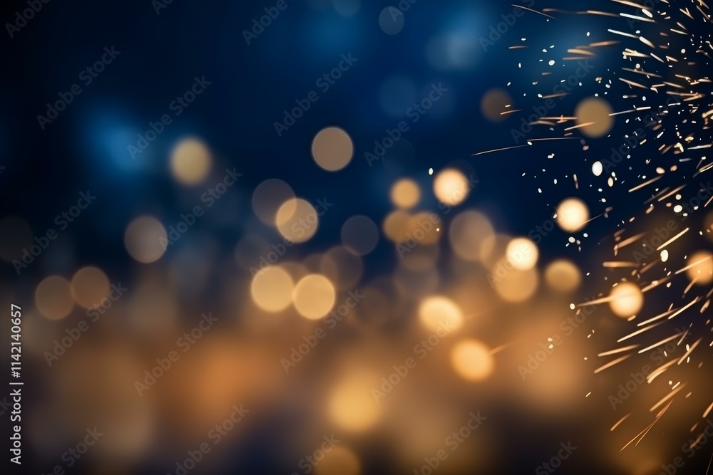 Poster golden sparks flying over a blurry and elegant background with bokeh effect, creating a festive and 