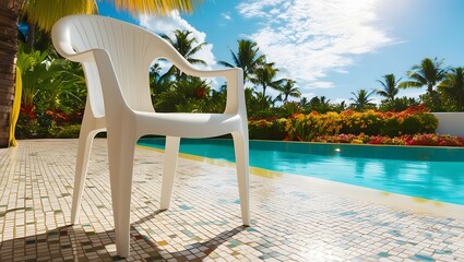 Fototapeta premium Classic white plastic chair by a turquoise pool at a tropical resort 