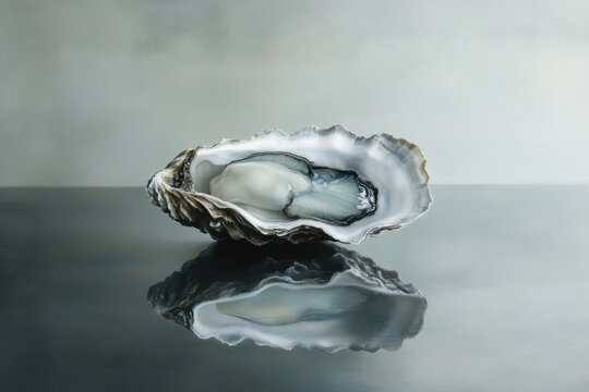 Single Oyster Shell Reflecting on Polished Surface